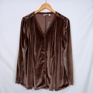 LOGO Lavish Velvet Button Up Blouse Women Large Brown NWOT